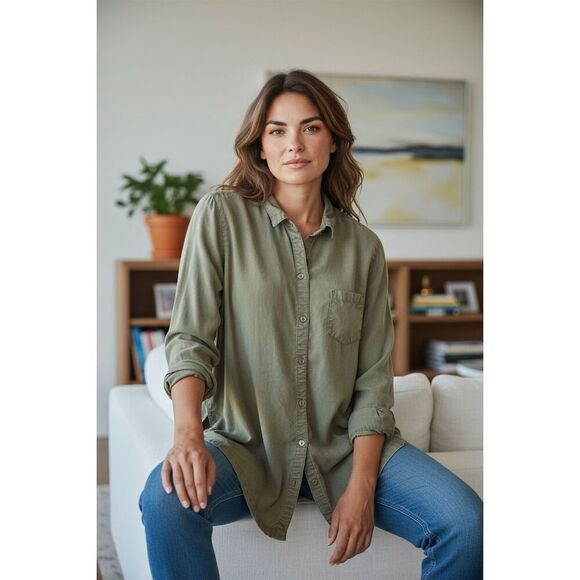 J Jill Women's Green Button-Up Collared Long Sleeve Shirt Size L - Picture 1 of 7